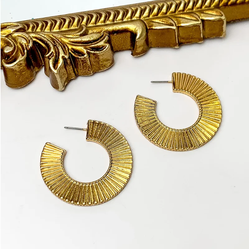 Hoop earrings with removable pendants for a versatile and customizable accessory-Ribbed Post Hoop Earrings in Gold Tone