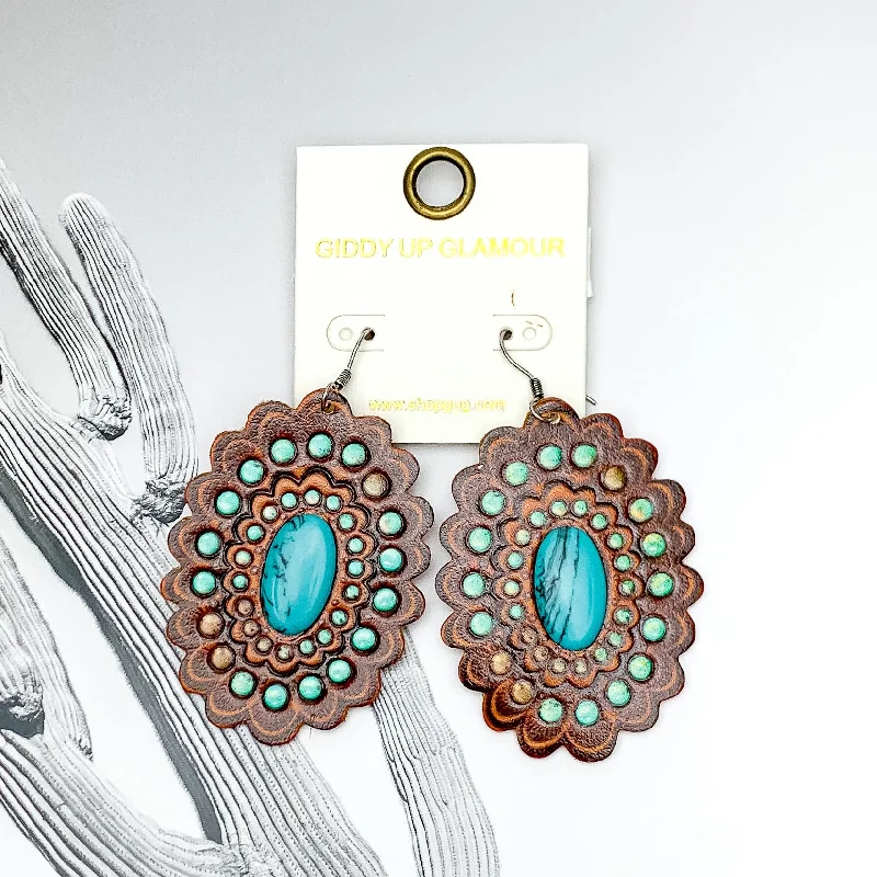 Best hoop earrings with snake chain details for a sleek and modern touch-Scalloped Oval Faux Leather Tooled Earrings with Turquoise Blue Center