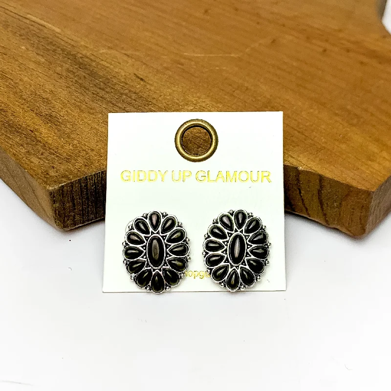 Best hoop earrings with intricate beaded details for a textured, stylish appearance-Silver Tone Concho Cluster Oval Earrings in Black