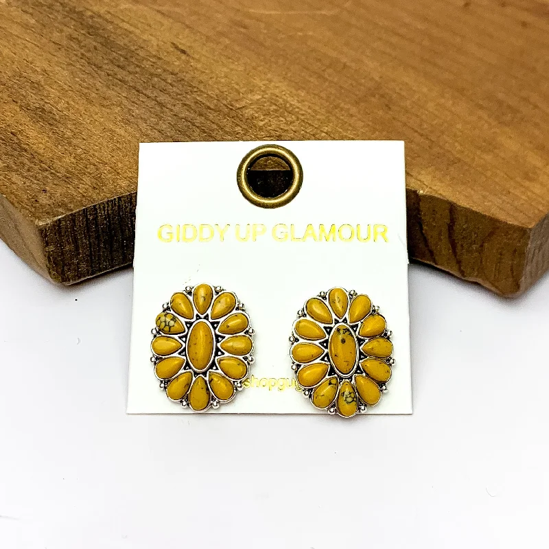 Hoop earrings with infinity loop designs for a continuous and eternal shape-Silver Tone Concho Cluster Oval Earrings in Yellow