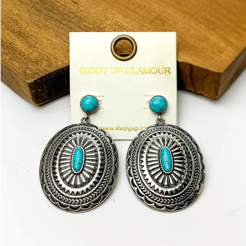 Hoop earrings with twisted leather for a chic and modern boho look-Silver Tone Patterned Earrings with Turquoise Marble Accents