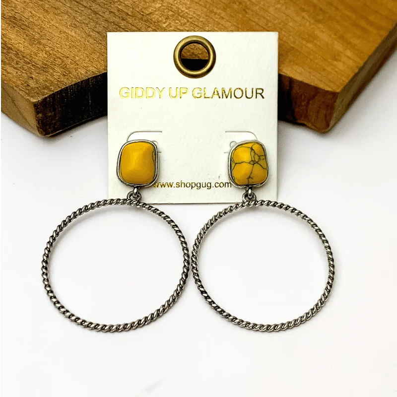 Hoop earrings with heart-shaped frames for a romantic and feminine look-Silver Tone Twisted Hoop Earrings with a Yellow Marbled Stone