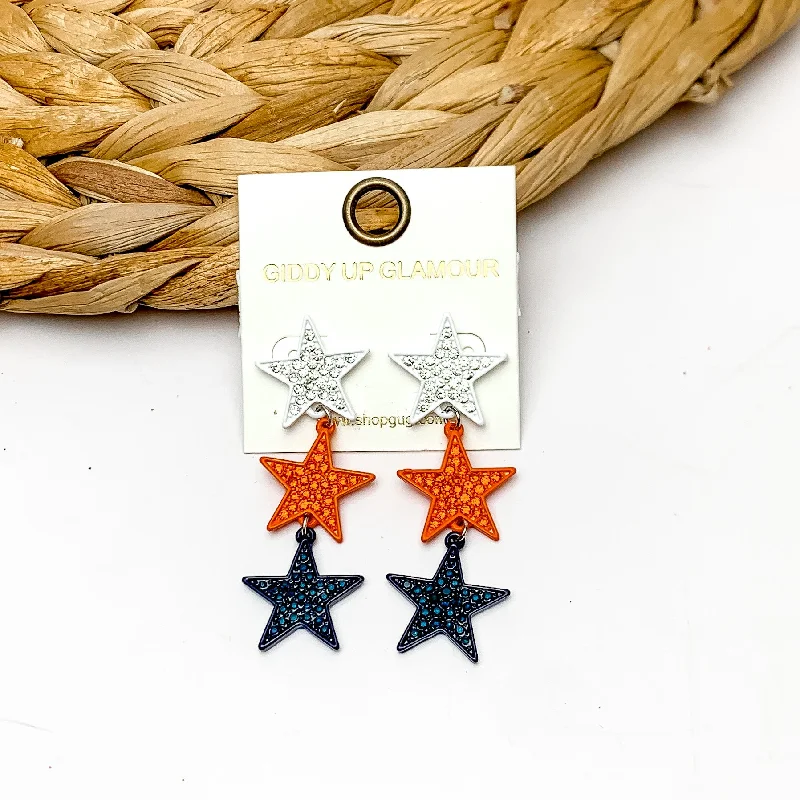 Best hoop earrings with multi-colored gemstones for a vibrant and lively touch-Star Shaped Three Tier Earrings With Colored Crystals in White, Orange, and Navy