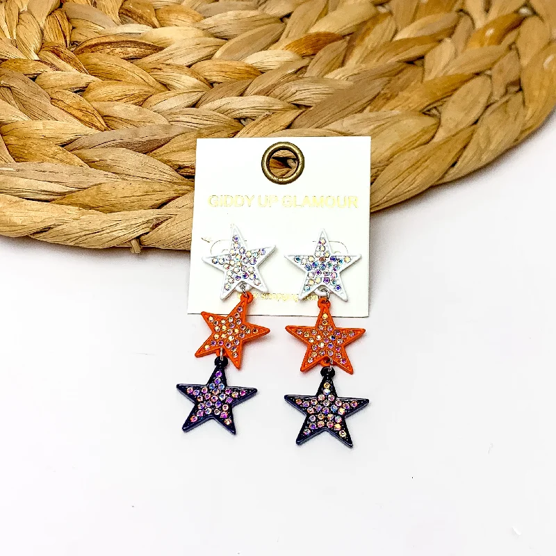 Best hoop earrings with tribal designs for a cultural and exotic aesthetic-Star Shaped Three Tier Earrings With Clear Crystals in White, Orange, and Navy