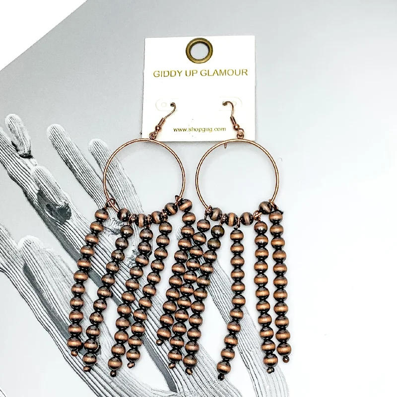 Best hoop earrings with minimalist designs for a clean and modern aesthetic-Starry Romance Hoop Earrings with Beaded Tassels in Copper Tone