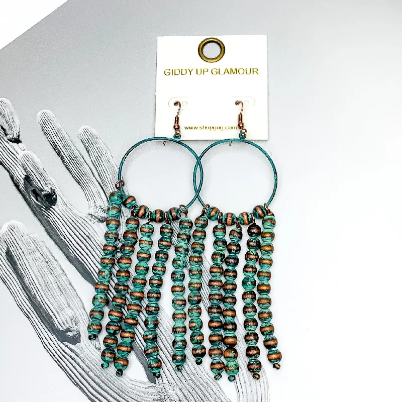 Best hoop earrings with turquoise stones for a bohemian-inspired vibe-Starry Romance Hoop Earrings with Beaded Tassels in Patina Tone