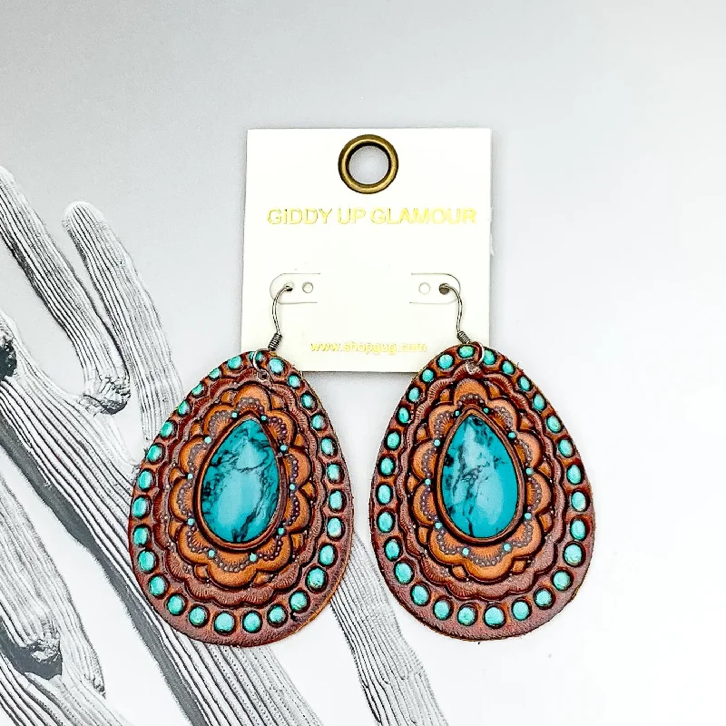 Hoop earrings with textured finishes for a vintage and classic style-Teardrop Faux Leather Tooled Earrings with Turquoise Blue Center