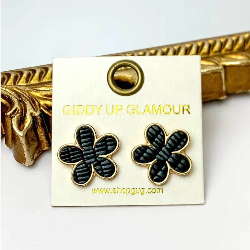 Hoop earrings with abstract shapes for an artistic and creative touch-Textured Flower Earrings with Gold Tone Trim in Black