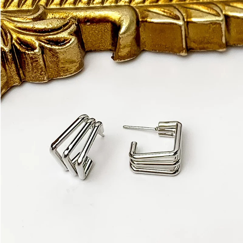 Hoop earrings with polished metal for a shiny and high-quality finish-Three Square Earrings in Silver Tone