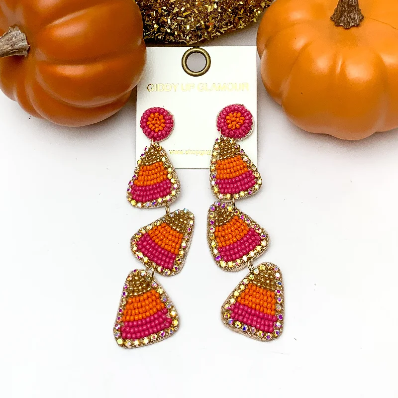 Hoop earrings with artistic filigree designs for an intricate, delicate finish-Three Tier Candy Corn Beaded Earrings in Orange and Pink