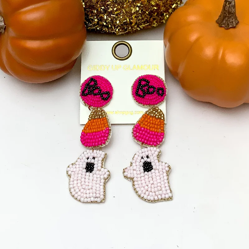 Hoop earrings with textured gold for a refined and sophisticated aesthetic-Three Tier Halloween Themed Beaded Earrings in Pink and Orange