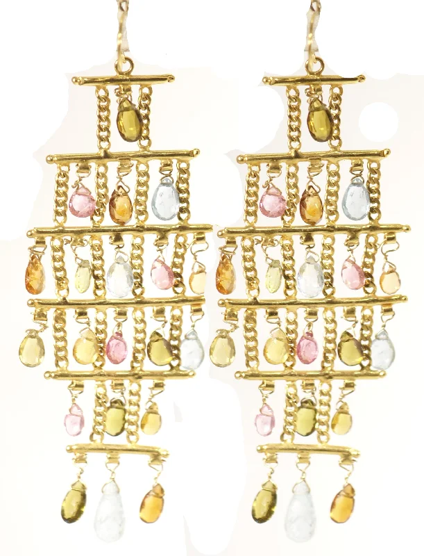 Best hoop earrings with cubic zirconia for a budget-friendly, dazzling look-Tiered 18kt Multi tourmaline & Aqua Chandeleir