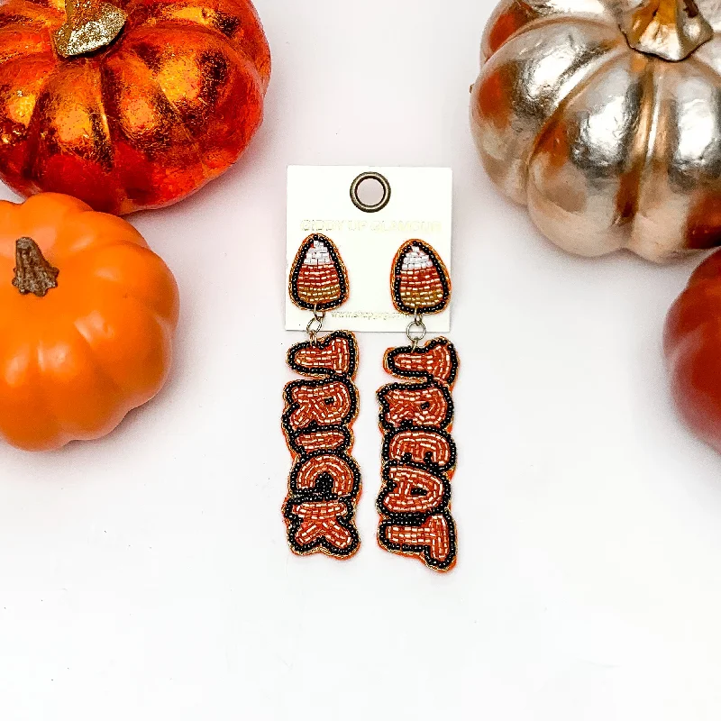 Hoop earrings with leather accents for a sleek and bold combination-Trick or Treat Halloween Beaded Earrings in Orange and Black