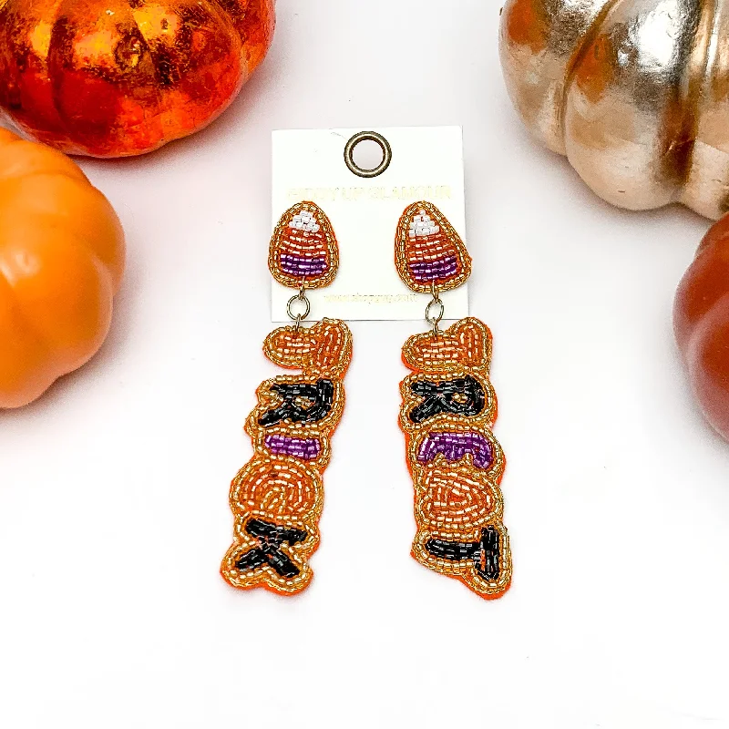 Hoop earrings with cut-out designs for a creative and lightweight effect-Trick or Treat Halloween Beaded Earrings in Orange, Purple, and Black