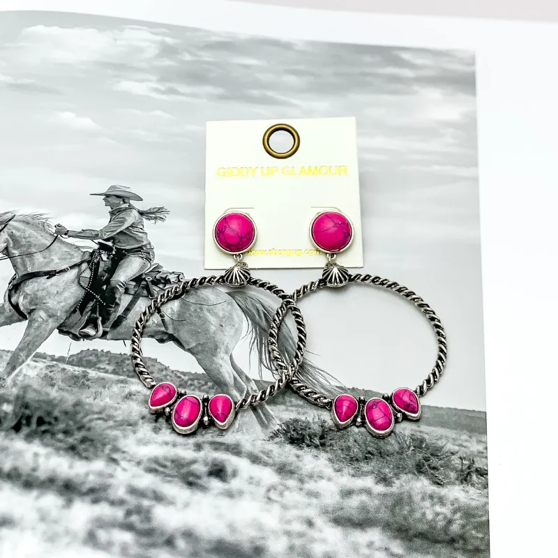 Hoop earrings with infinity loop designs for a continuous and eternal shape-Western Moment Silver Tone Hoop Earrings With Stones in Hot Pink