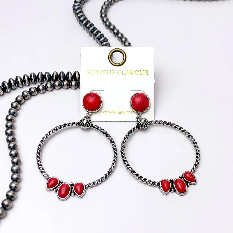 Hoop earrings with oversized pearl accents for a statement-making look-Western Moment Silver Tone Hoop Earrings With Stones in Red