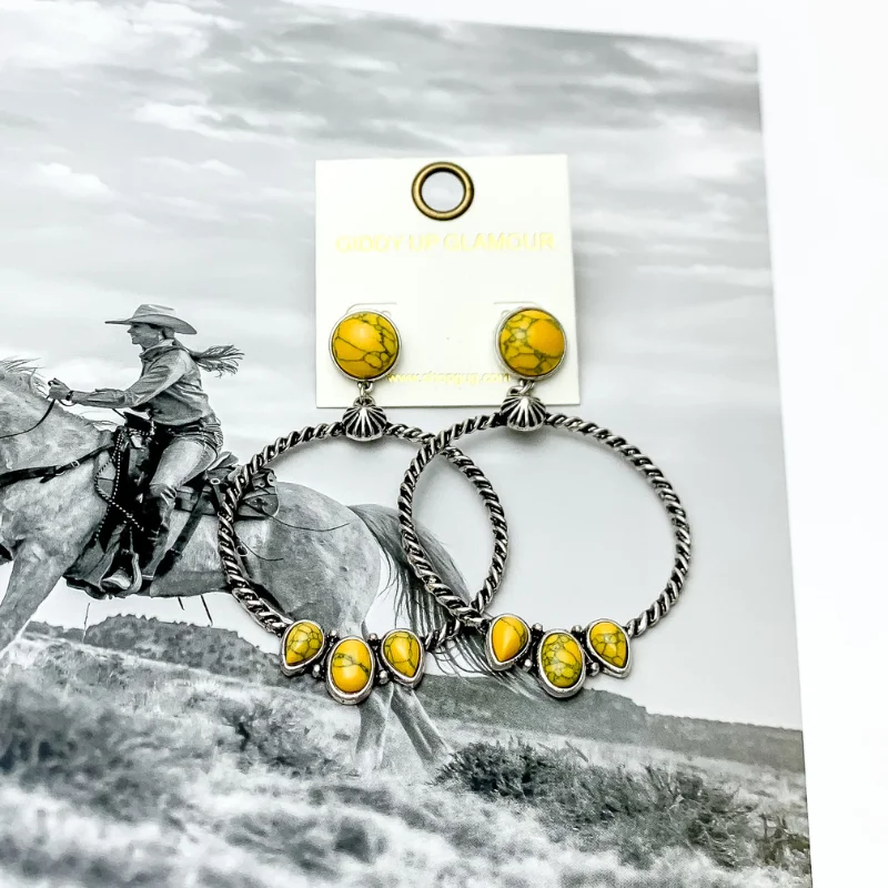 Best hoop earrings with geometric triangle shapes for a modern, chic design-Western Moment Silver Tone Hoop Earrings With Stones in Yellow