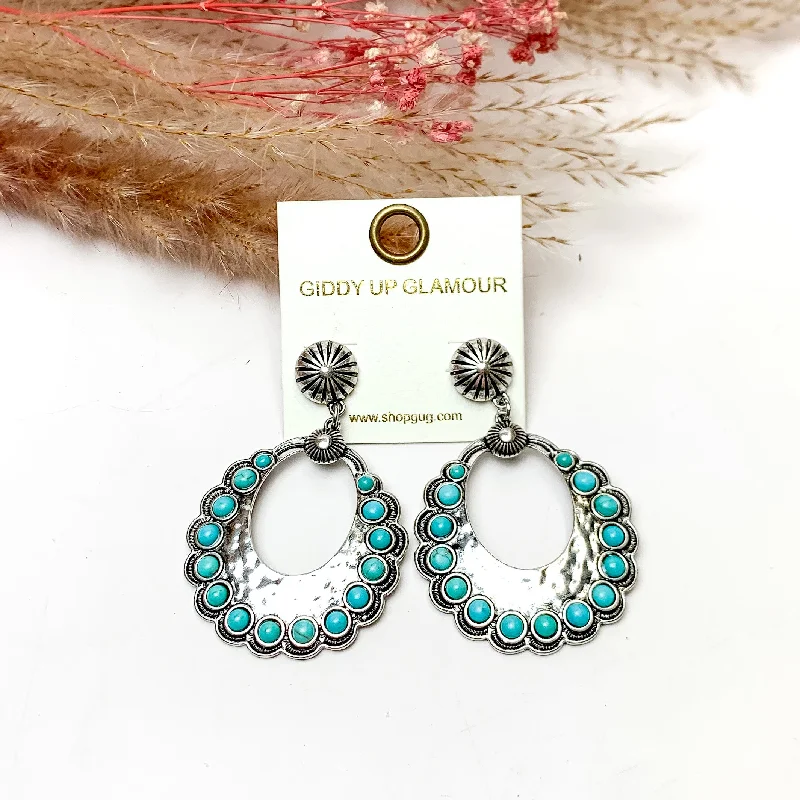 Hoop earrings with cut-out designs for a creative and lightweight effect-Western Open Silver Tone Earrings With Turquoise Stones