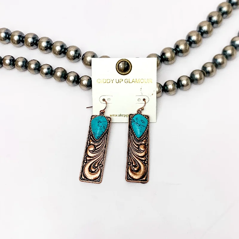 Best hoop earrings with marbled designs for a trendy and artistic effect-Western Swirl Copper tone Rectangular Earrings With Turquoise Blue Stone