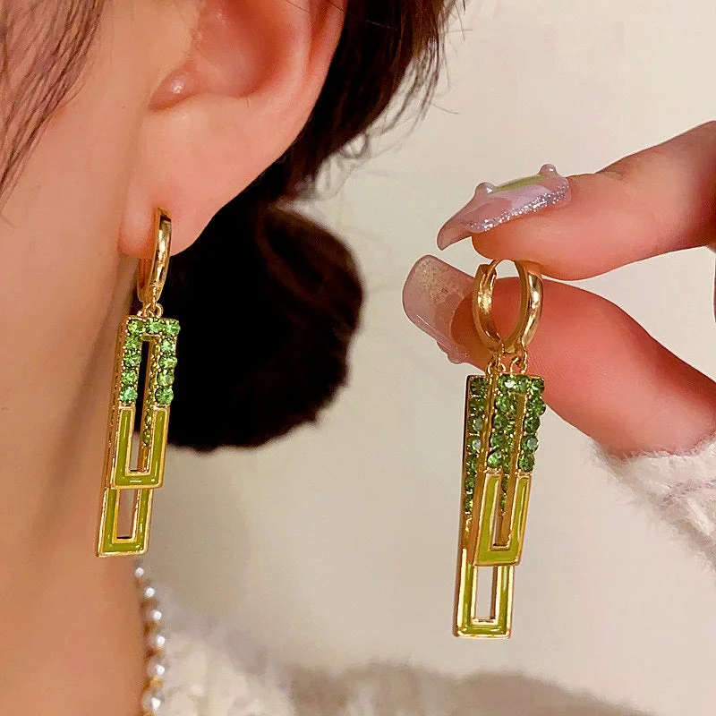 Drop Earrings for Evening Gown -14K Gold-Plated Elegant Diamond-Studded Rectangular Oil-Drop Earrings