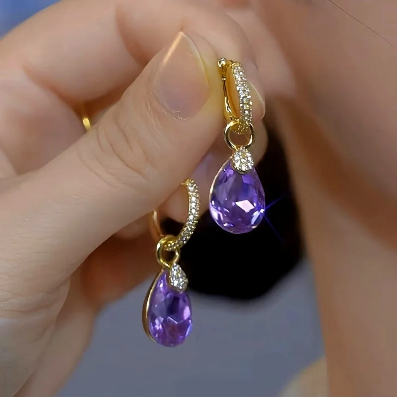 Gold Drop Earrings for Women -14K Gold-Plated Elegant Purple Water Drop Earrings