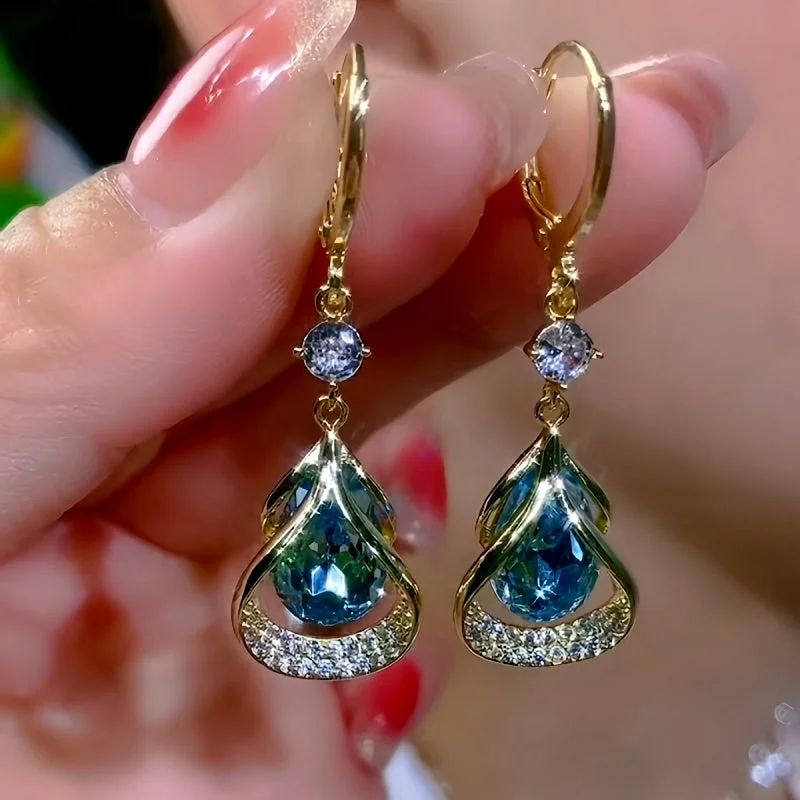 Indian Drop Earrings with Intricacy -14K Gold-Plated Elegant Zircon Stone Water Drop Earrings