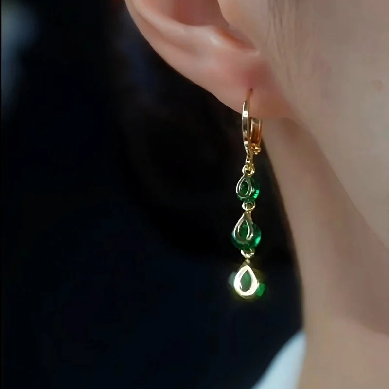 African Drop Earrings with Culture -14K Gold-Plated Fresh Green Zircon Water Drop Earrings