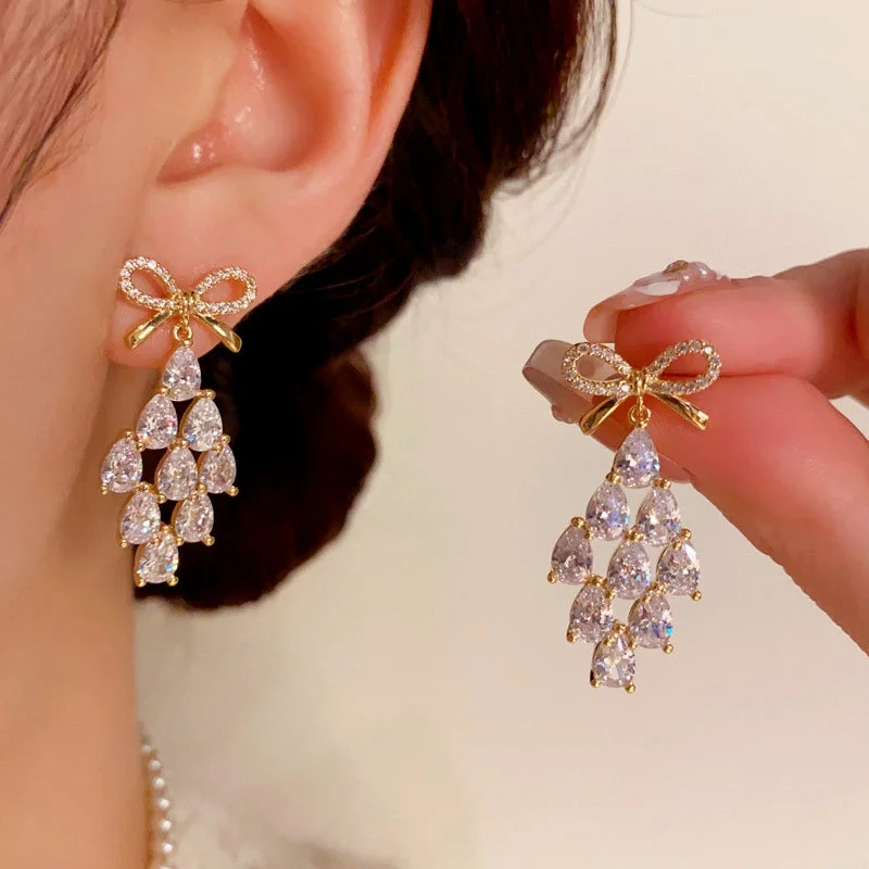 Drop Earrings for Everyday Glamour -14K Gold-Plated Zircon Bow Drop Earrings