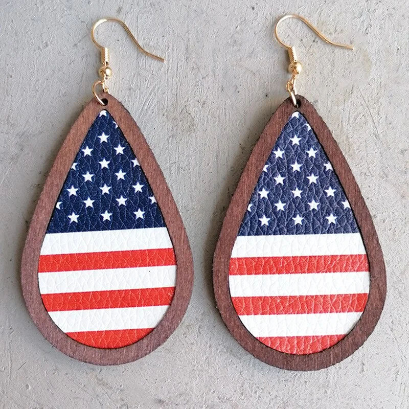 Studded Drop Earrings with Gemstones -Beautiful Wooden American Flag Drop Earrings