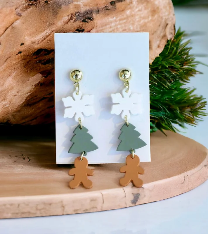 Drop Earrings with Enamel Coating -Acrylic Snowflake, Christmas Tree, and Gingerbread Man Holiday Stud Drop Earrings