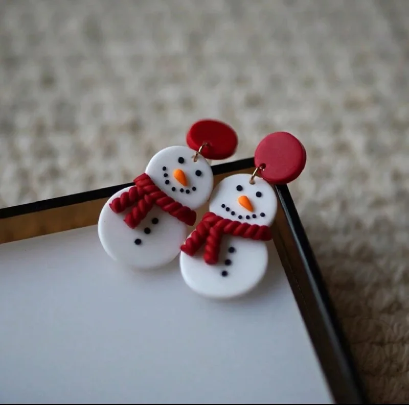 Drop Earrings with Leaf Motifs -Adorable Polymer Clay Snowman Stud Drop Earrings