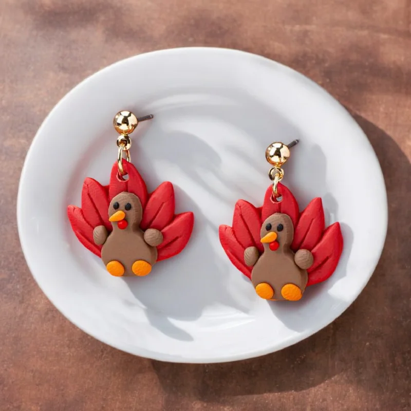 Drop Earrings with Polished Shine -Adorable Polymer Clay Turkey Stud Drop Earrings