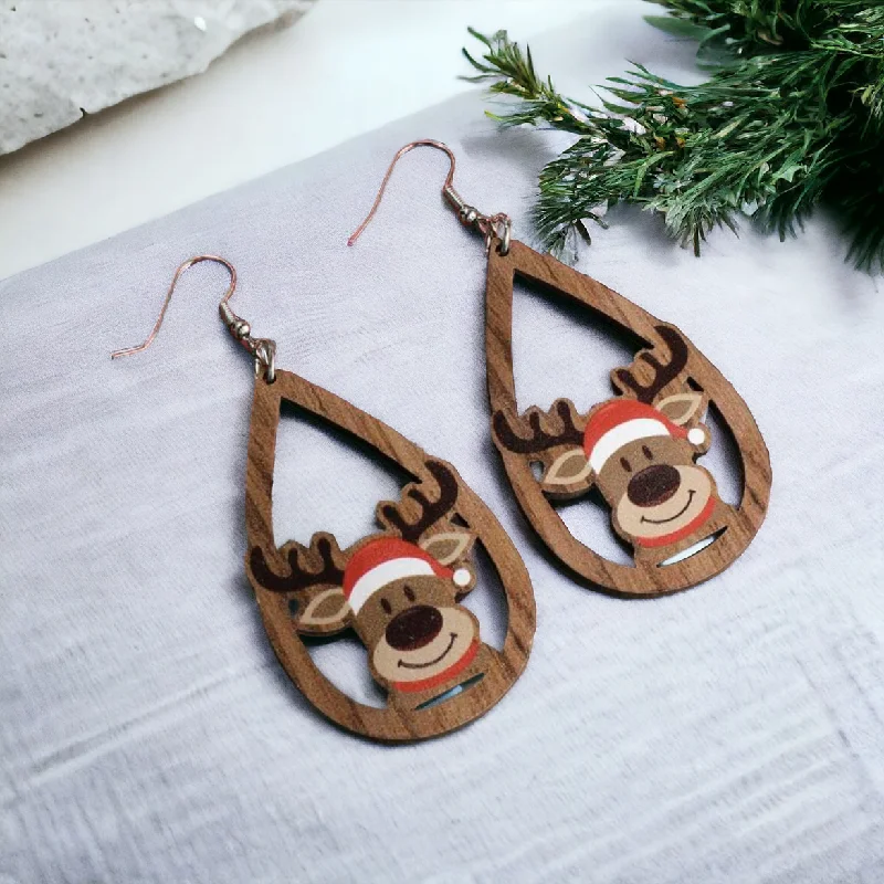 Vintage Drop Earrings with Patina -Adorable Wooden Reindeer Drop Earrings