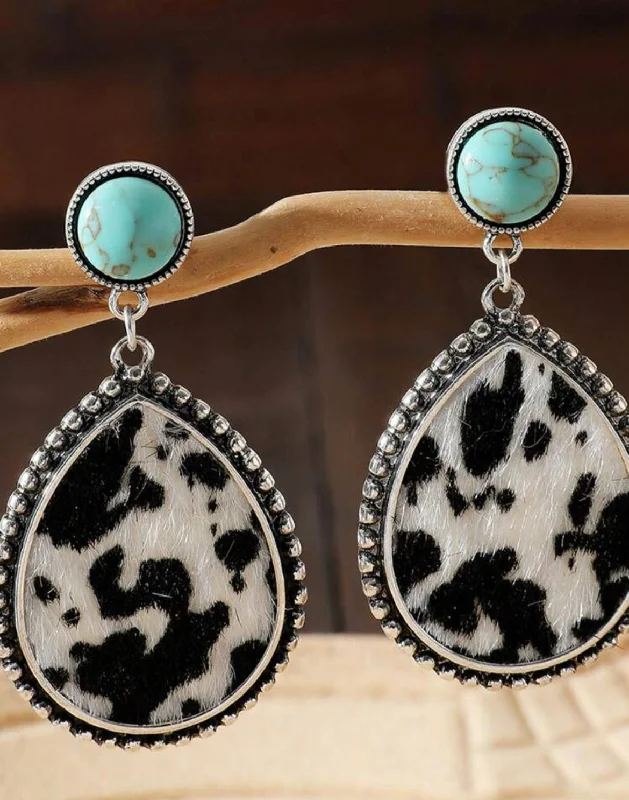 Floral Drop Earrings with Petals -Beautiful Cow Print Waterdrop Earrings with Turquoise Stone Accent