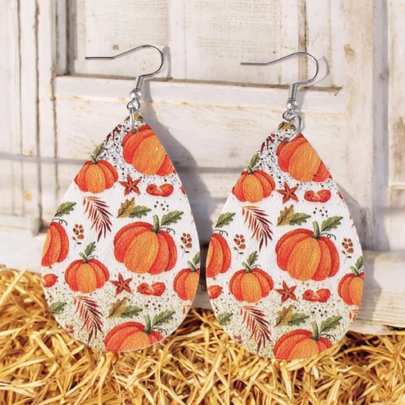 Drop Earrings for Valentine's Day -Beautiful Leather Pumpkin Teardrop Earrings