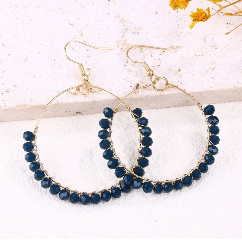 Hippie Drop Earrings with Beads -Beautiful Navy Blue Beaded Drop Earrings