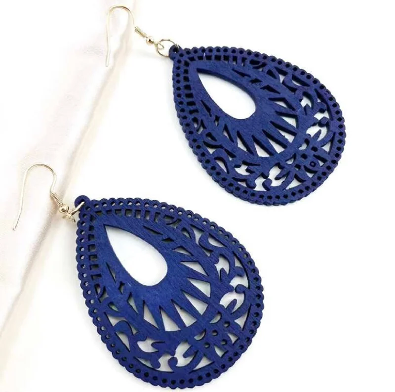 Nickel Free Drop Earrings for Safety -Beautiful Navy Blue Wooden Drop Earrings