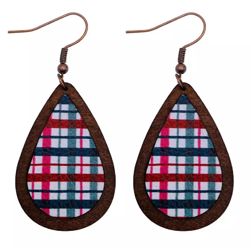 Drop Earrings for Yoga Session -Beautiful Red and Green Plaid Striped Wooden Drop Earrings