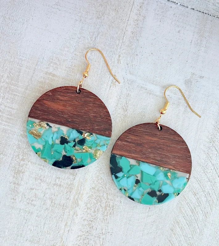 Drop Earrings for Party Look -Beautiful Round Wood and Green Patchwork Resin Drop Earrings