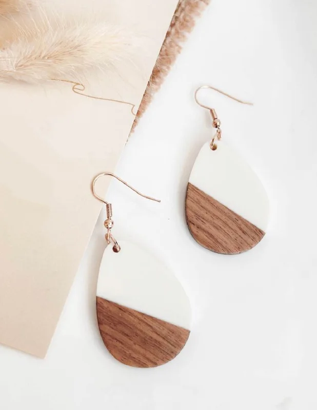 Triangular Drop Earrings for Edge -Beautiful Wood and White Resin Teardrop Earrings