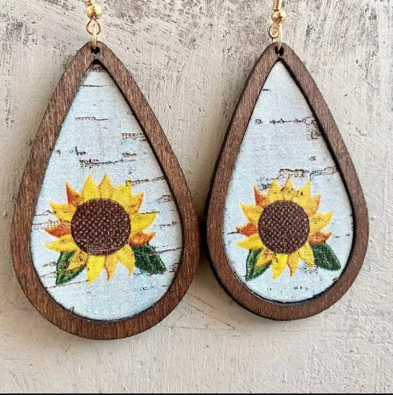 Drop Earrings for Christmas Party -Beautiful Wooden Sunflower Teardrop Earrings