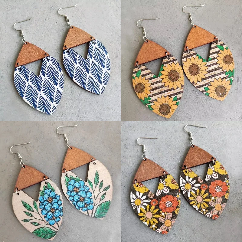 Drop Earrings with Crown Designs -Beautiful Wooden Triangle Drop Earrings