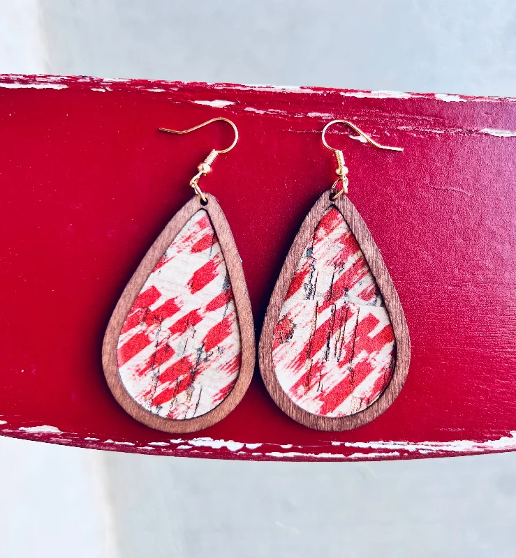 Drop Earrings for School Uniform -Beige and Red Wooden Drop Earrings