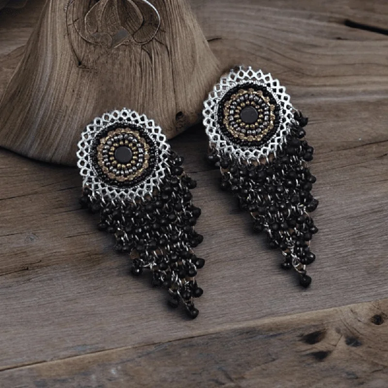 Drop Earrings with Debossed Designs -Bevy Pearls Oxidised Plated Beads Dangler Earrings