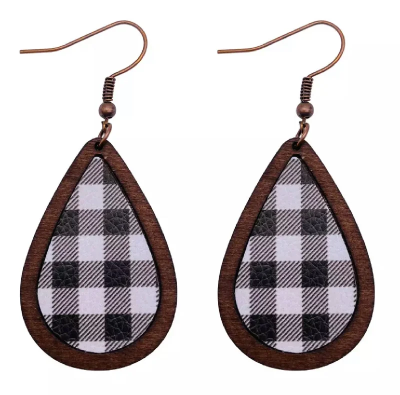 Drop Earrings for Shopping Trip -Black and White Plaid Wooden Drop Earrings