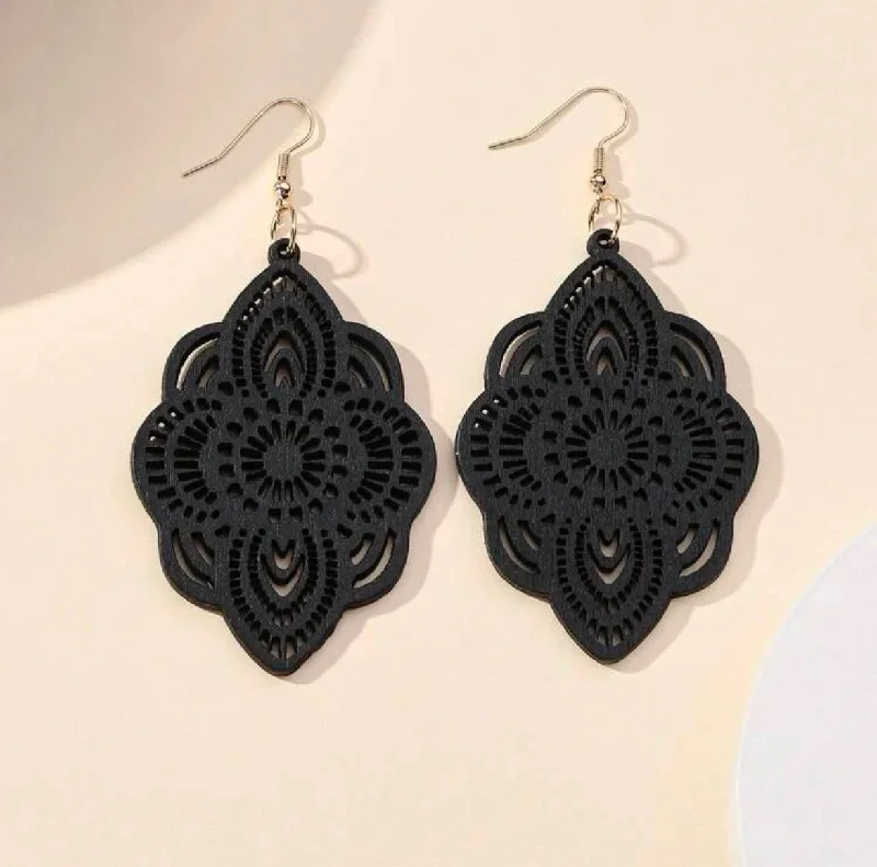 Drop Earrings with Chevron Designs -Black Bohemian Hollow Out Drop Earrings