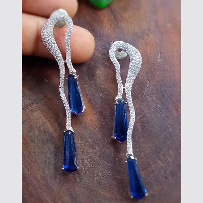 Drop Earrings for Prom Night -Blue Petal Diamond Silver Plated AD Dangler Earrings