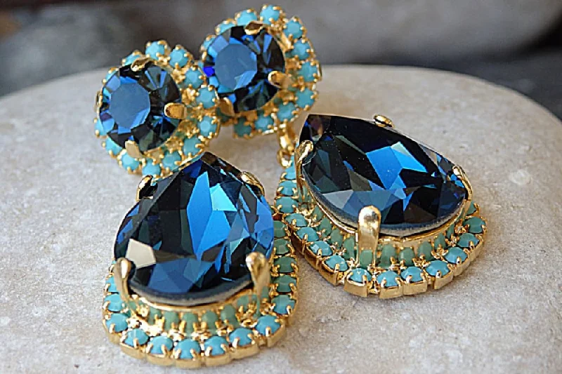 Maximalist Drop Earrings for Bling -Blue Teardrop Earrings