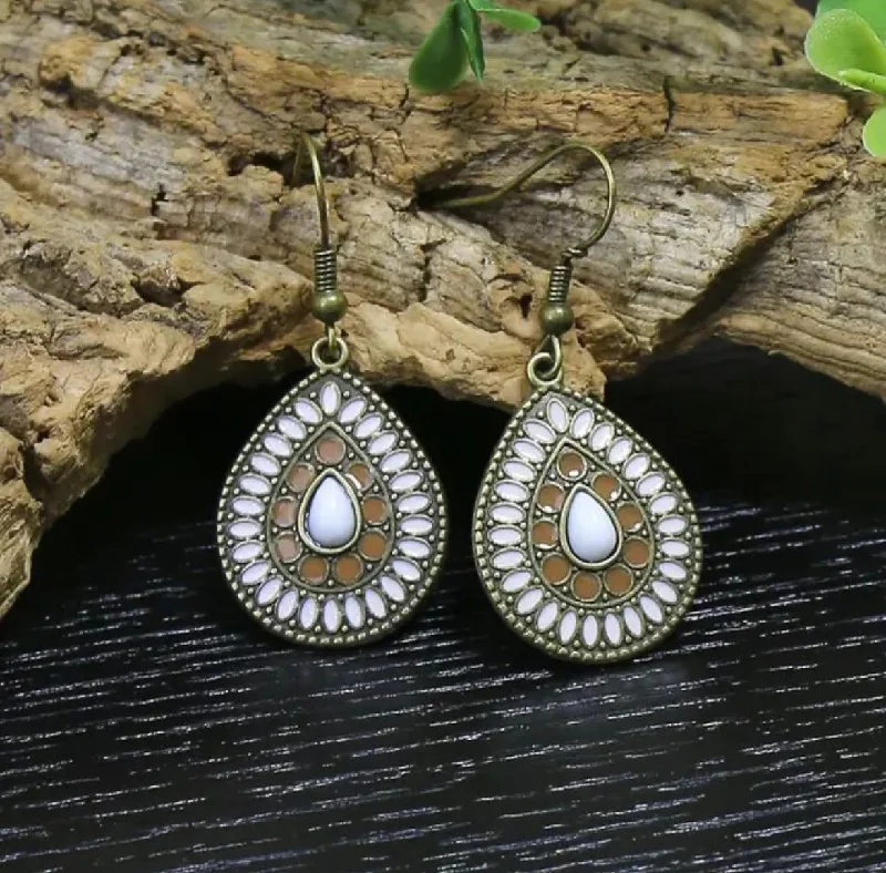 Maximalist Drop Earrings for Bling -Boho White and Tan Teardrop Earrings