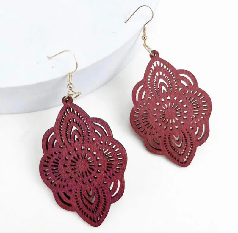 Studded Drop Earrings with Gemstones -Red Bohemian Hollow Out Wooden Drop Earrings